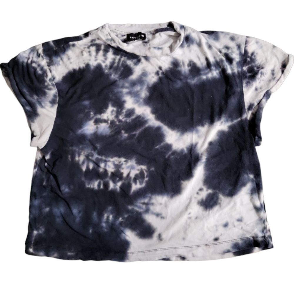 PAPEROC Blue Tie-Dye Crop Top‎ Fold Sleeve Size S